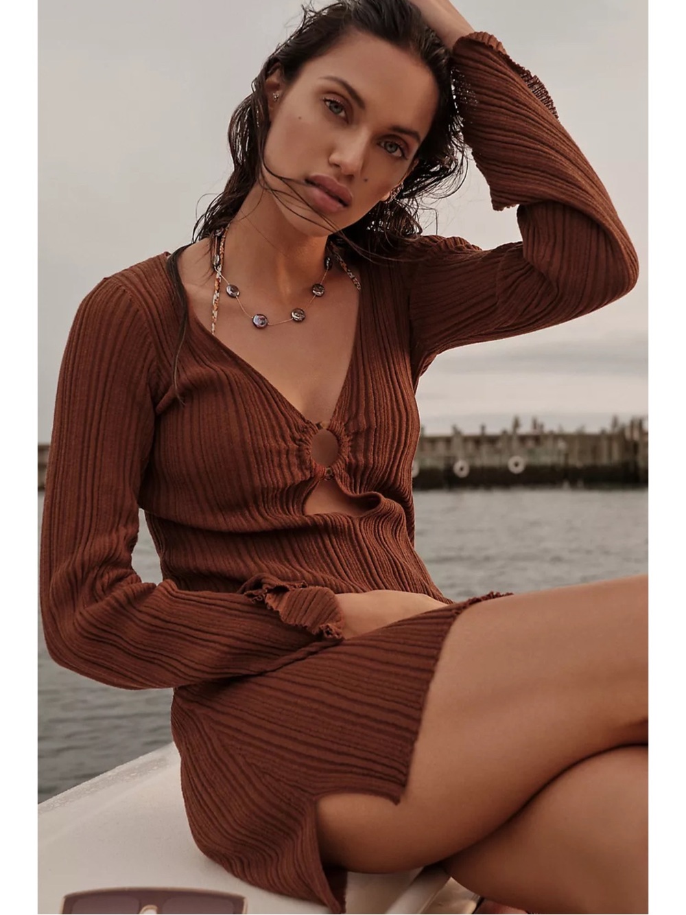 L*Space Wailea Cover Up Linen Blend Mini Dress Coffee Large Summer Beach Lspace